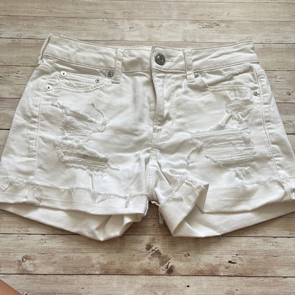 American Eagle Outfitters Light Beige Distressed Jean Shorts